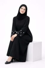 Women's Black Abaya with Embroidered Sleeves, Long Sleeve Dress, Modest Islamic Wear - Image 5