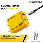 Nu Republic Cybotron 65W GaN Superfast Wall Charger with Type-C to Type-C Cable, 65W Output (Yellow), Type-C and USB-A Enabled Smartphones, Tablets, laptops, and Other Electronics Gadgets - Image 3