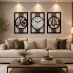 Islamic Wall Art with Clock Set of 3, Allah Muhammad Calligraphy Acrylic Wall Decor, Muslim Home Decor for Living Room, Bedroom, Namaz Room, Eid Gift, Large Size 36 x 24 cm, Black & White - Image 3
