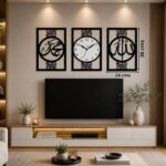 Islamic Wall Art with Clock Set of 3, Allah Muhammad Calligraphy Acrylic Wall Decor, Muslim Home Decor for Living Room, Bedroom, Namaz Room, Eid Gift, Large Size 36 x 24 cm, Black & White - Image 4