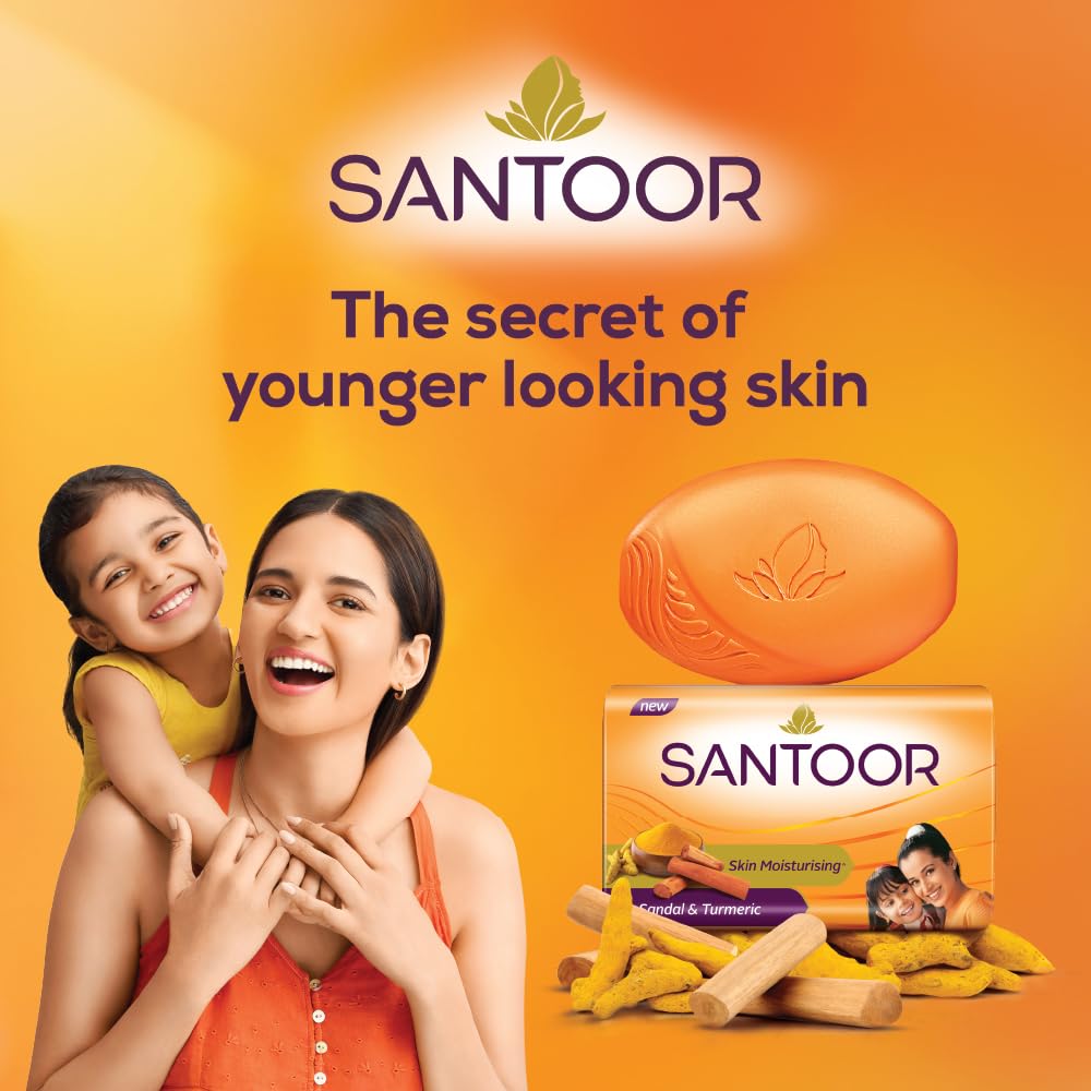 Santoor Skin Moisturizing Sandal & Turmeric Bathing Soap with Nourishing & Anti-Aging Properties| For Soft & Smooth and Younger-Looking Skin| For All Skin Types| Pack of 8, 125g - Image 4