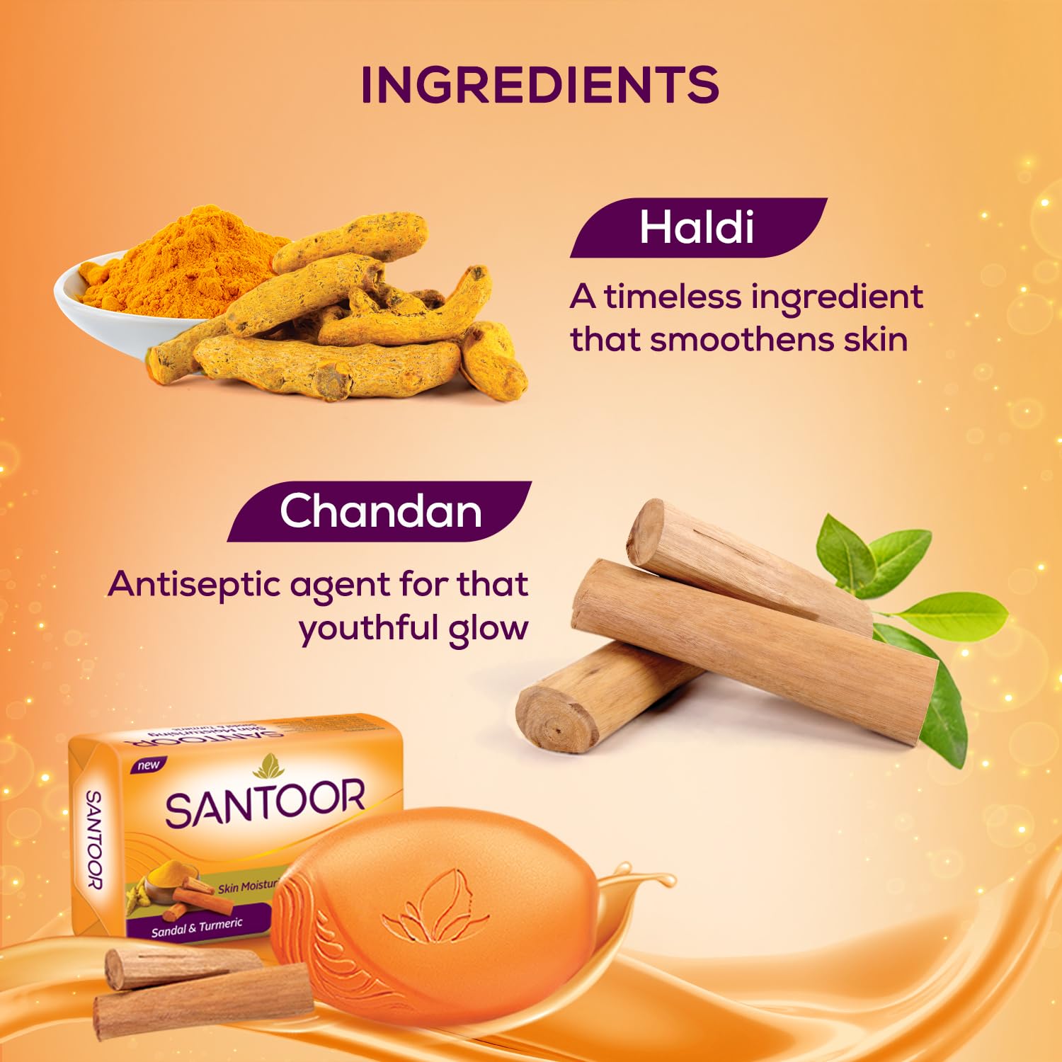 Santoor Skin Moisturizing Sandal & Turmeric Bathing Soap with Nourishing & Anti-Aging Properties| For Soft & Smooth and Younger-Looking Skin| For All Skin Types| Pack of 8, 125g - Image 5