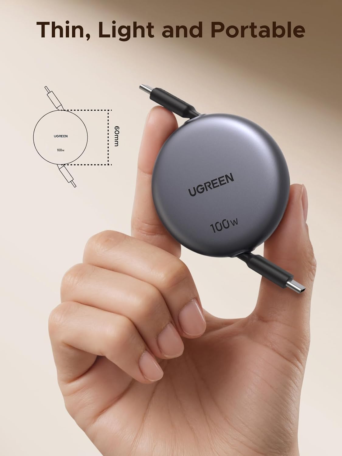UGREEN 100W Retractable USB C Cable, Fast Charging Type C Cord, PD 3.0 PPS 5A 20V USB-c to USB-c Cable Compatible with iPhone 17 16, MacBook Pro, iPad, Galaxy S25 Ultra, Black, 1M - Image 4