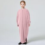 ODASDO Muslim Girl Dress One-Piece Abaya Kids Islamic Kaftan Ramadan Prayer Long Robe Button Down Batwing Sleeve Gown - Image 3