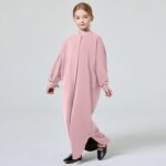 ODASDO Muslim Girl Dress One-Piece Abaya Kids Islamic Kaftan Ramadan Prayer Long Robe Button Down Batwing Sleeve Gown - Image 5