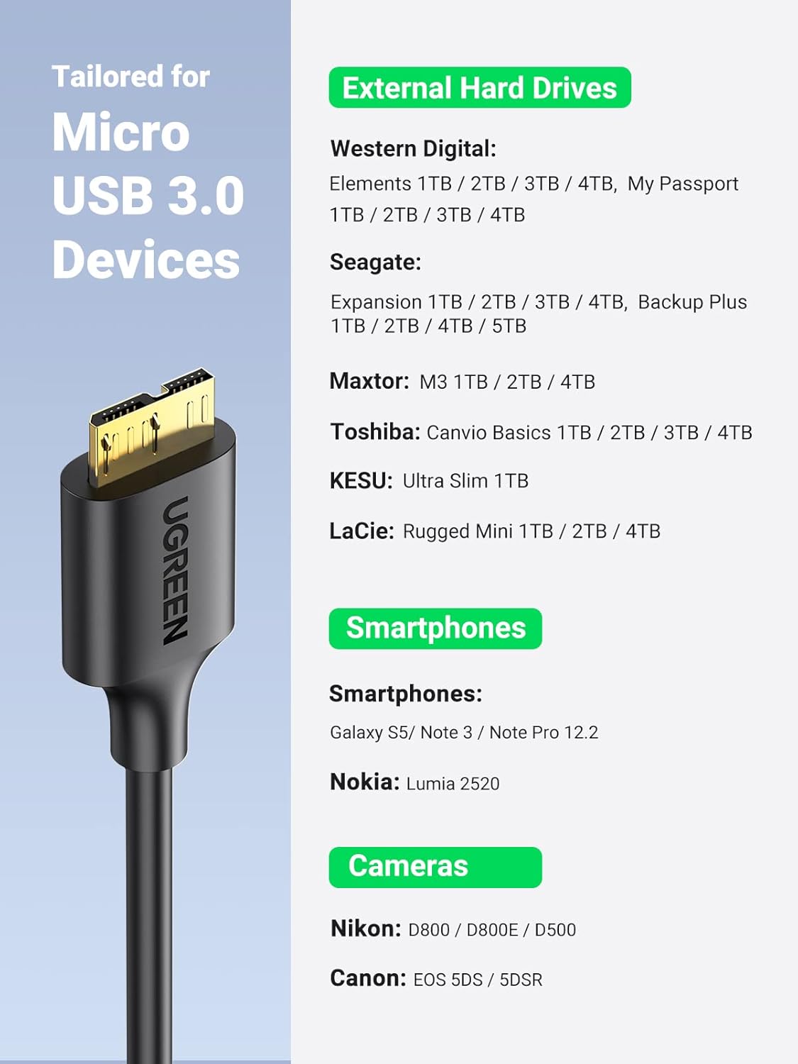UGREEN Micro USB 3.0 Cable Type A to Micro B Male Hard Drive Cord 5Gbps Data Sync and Charging Wire Compatible with Galaxy S5, Note 3, HDD, WD My Passport/Elements Drives 1M - Image 8