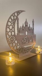 Haoser Ramadan Crescent Moon Decor 11 Inch | Islamic Mosque Wooden Table Decor for Eid | Muslim Home Decoration | Elegant Ramadan Mubarak Centerpiece & Eid Gift - Image 3