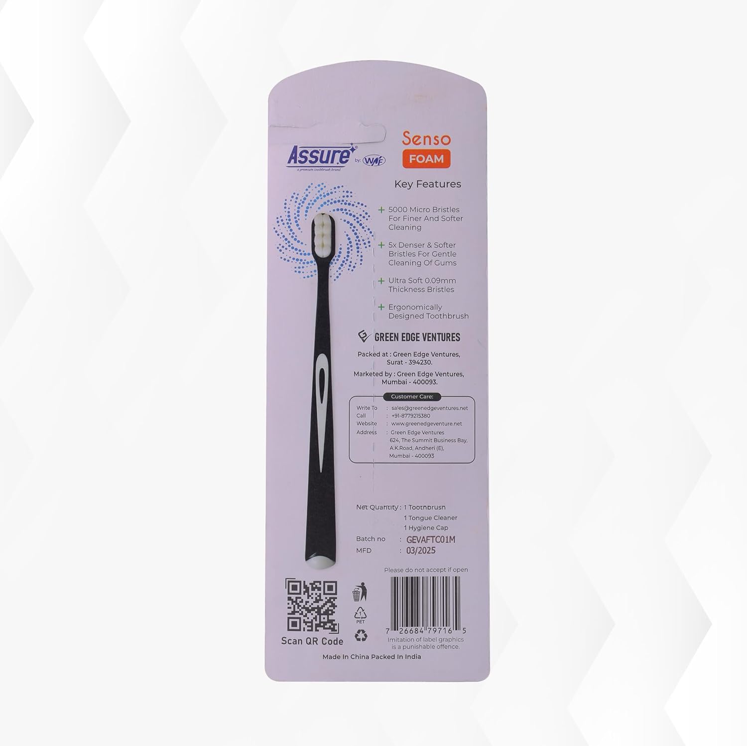 Assure Senso Foam Toothbrush for Adults | Ultra Soft Tooth Brush | Soft Bristle Toothbrush | 5000 Micro Bristles | 0.09mm Feather-Light Tips for Sensitive Gums | Multicolor Pack of 1 - Image 6