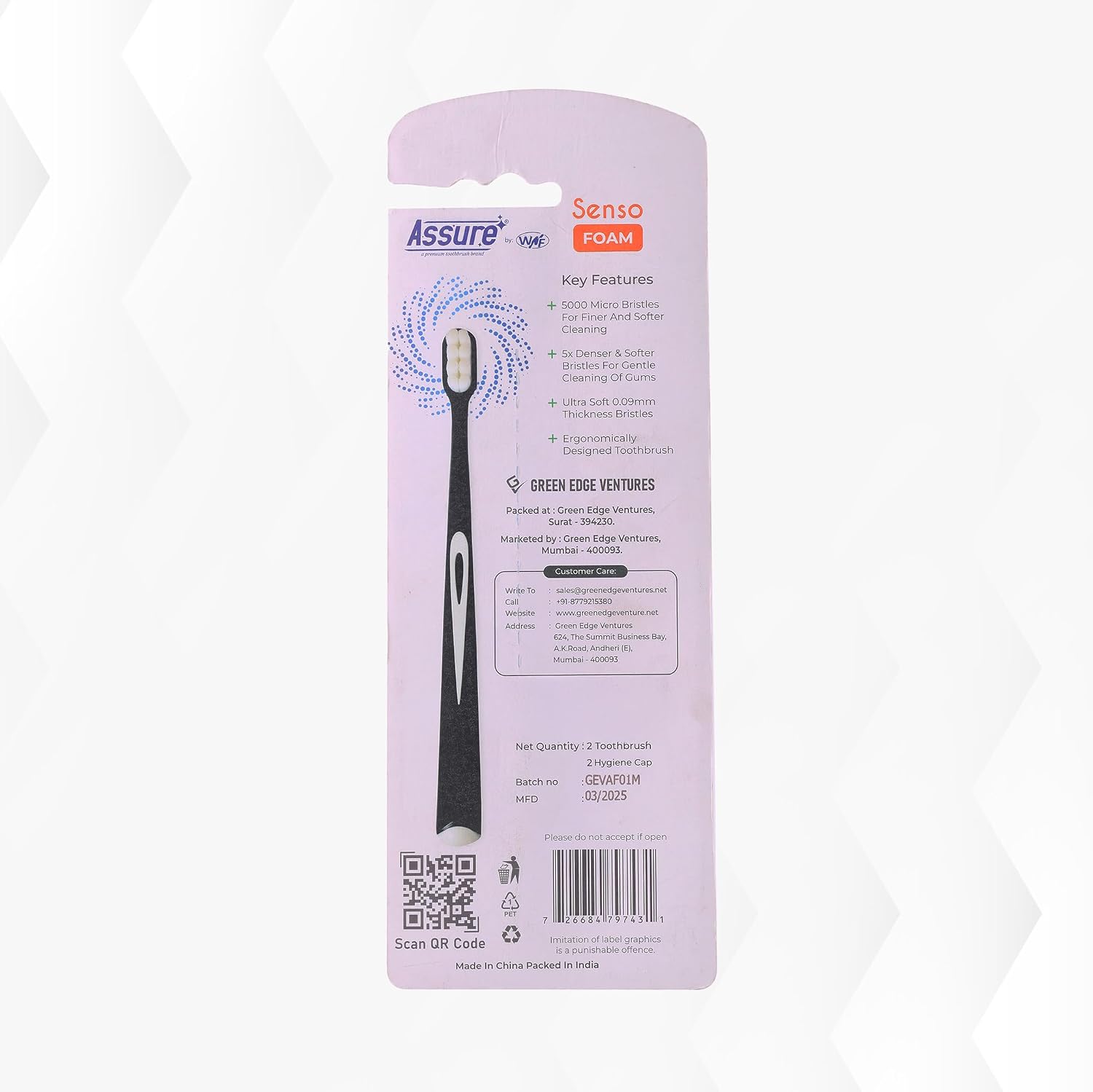Assure Senso Foam Toothbrush for Adults | Ultra Soft Tooth Brush | Soft Bristle Toothbrush | 5000 Micro Bristles | 0.09mm Feather-Light Tips for Sensitive Gums | Multicolor Pack of 2 - Image 5