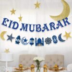 Festiko® Eid Mubarak Banner Decoration Blue Glitter Star and Moon Garland Ramadan Hajj Mubarak Decorations for Home Table Muslim Islamic Party Decoration Ramadan Kareem Party Supplies 2 Pack - Image 3