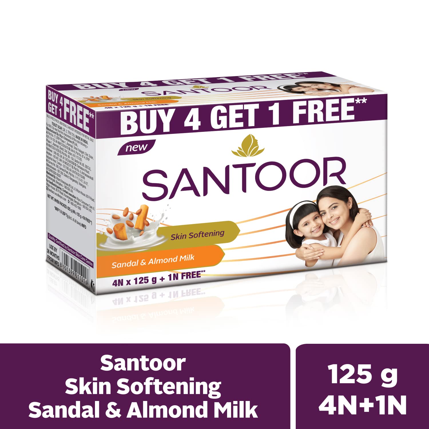 Santoor Skin Softening Sandal & Almond Milk Bathing Soap with Nourishing & Anti-Aging Properties| For Smooth & Soft and Younger-Looking Skin| For All Skin Types| 125g, Pack of 5 - Image 3