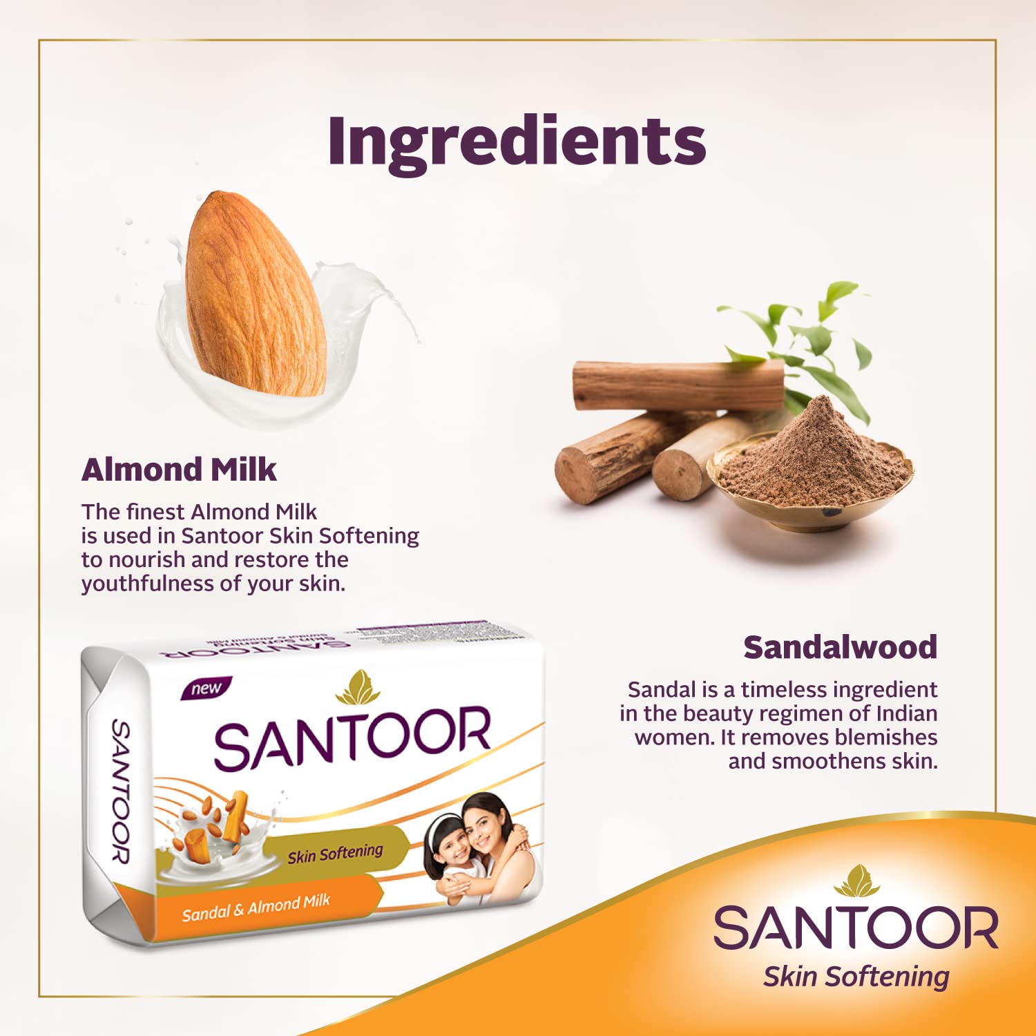 Santoor Skin Softening Sandal & Almond Milk Bathing Soap with Nourishing & Anti-Aging Properties| For Smooth & Soft and Younger-Looking Skin| For All Skin Types| 125g, Pack of 5 - Image 5