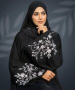 Women Firdous Fabric Black Abaya Burqa with Designer Floral Sleeve Embroidery | Long Sleeve Full Length Modest Wear | Flowy Fit Islamic Outfit for Gatherings and Occasions | Without Dupatta - Image 3