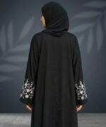 Women Firdous Fabric Black Abaya Burqa with Designer Floral Sleeve Embroidery | Long Sleeve Full Length Modest Wear | Flowy Fit Islamic Outfit for Gatherings and Occasions | Without Dupatta - Image 4