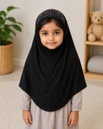 ABEEHA® Girls' Black Hijab Scarf with Rhinestone Floral Design, Pull-On Style, Kids' Islamic Head Covering - Image 2