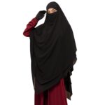 Bashariya Black 3-Layer Long Prayer Khimar Hijab with Mouthpiece | Georgette Triangular Ready-to-Wear Short Jilbab for Women | Tie-Back Islamic Modest Wear (CHJ-003) - Image 2