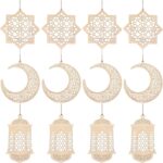 Cliths 12 Pcs Wood Eid Al Adha Decorations Moon Star Lantern Hanging Mubarak Ornaments for Ramadan Kareem Muslim Festive Home Wall Table DIY Kit 16–20CM - Image 2