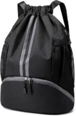 Drawstring Backpack with Shoe Compartment, Waterproof Oxford Fabric Bag with Wet and Dry Inner Pocket, Wide Shoulder Straps and Front Zipper Section - Image 2