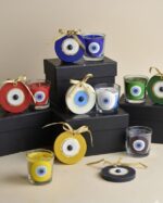 Evil Eye Protection Glass Candle Set with Decorative Ornaments, Multi-Color, Gold Ribbon, Handmade Home Decor, 2 Piece Gift Set - Image 2