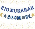 Festiko® Eid Mubarak Banner Decoration Blue Glitter Star and Moon Garland Ramadan Hajj Mubarak Decorations for Home Table Muslim Islamic Party Decoration Ramadan Kareem Party Supplies 2 Pack - Image 2