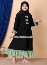 Girls Black Abaya Dress with Green Ruffle Trim, Bow Details, Long Sleeve Islamic Modest Wear - Image 2