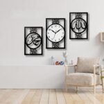 Islamic Wall Art with Clock Set of 3, Allah Muhammad Calligraphy Acrylic Wall Decor, Muslim Home Decor for Living Room, Bedroom, Namaz Room, Eid Gift, Large Size 36 x 24 cm, Black & White - Image 2