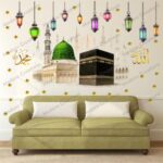 Islamic Wall Decal Sticker, Kaaba and Masjid Design with Colourful Lanterns, Decorative Religious Art with Stars Transparent PVC Vinyl Wall Sticker 76 CM X 39 CM - Image 2