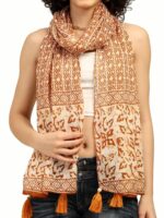 KE KANHA EXPORTS Scarf for Women Premium Cotton Boho | Dual Tone Border Print Stole with Tassels | Lightweight Summer Beach Wrap 180 x 50 cm FREE Scrunchie Included - Image 2