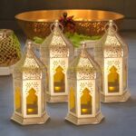Metal & Glass Elegant Moroccan Lanterns with Lantern Light Lamp and Hanging Lantern Candle Holders for Home Decor Diwali Eid Christmas Festival Gifts (Yellow, Set of 4) - Image 2
