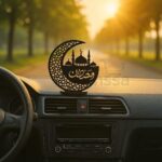 Monssa Ramadan Mubarak Acrylic Showpiece - Islamic Crescent Moon & Mosque Black Silhouette Decor - Muslim Home, Office & Car Dashboard Ornament - (Pack of 1) - Image 2