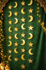 Moon Star Golden Paper Frills Pack of 4 | Ramadan Eid Umrah Mubarak Hanging Decoration | 110 cm Long Festive Wall & Ceiling Decor Garland - Image 2