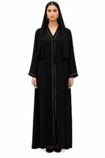 Premium Black Farada Abaya with Elegant Gold Trim – Front Button Open Modest Wear - Image 2