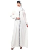 White Embroidered Abaya Dress for Women, Long Sleeve Islamic Modest Wear with Black Floral Trim, Polyester, Regular Fit - Image 2