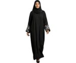 Women Firdous Fabric Black Abaya Burqa with Designer Floral Sleeve Embroidery | Long Sleeve Full Length Modest Wear | Flowy Fit Islamic Outfit for Gatherings and Occasions | Without Dupatta - Image 2