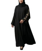 Women Premium Firdous Fabric Abaya Burqa with Golden Branch Leaf Embroidered Sleeves | Elegant Dubai Style Modest Wear | Flowy Fit | Long Sleeves | Without Dupatta - Image 2