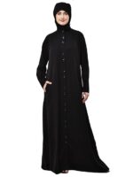 Women’s Front Open Abaya with Coat Button Design | Chinese Collar & Cut Pocket | Celtos Fabric Long Sleeve | Includes 2 Hijabs (Black & White) - Image 2