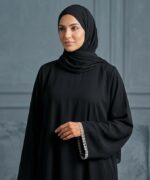 Women Firdous Fabric Abaya Burqa with Designer Lace Sleeve Detail | Long Sleeve Dubai Style Modest Wear | Flowy Fit Full Length Islamic Outfit for Occasions | Without Dupatta - Image 3