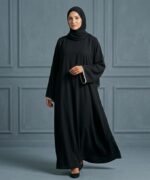 Women Firdous Fabric Abaya Burqa with Designer Lace Sleeve Detail | Long Sleeve Dubai Style Modest Wear | Flowy Fit Full Length Islamic Outfit for Occasions | Without Dupatta - Image 4