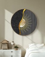Livin’luxe Abstract Sun Round Wall Painting with Premium Golden PVC Frame | Modern Black Gold Sunburst Art Decorative Wall Decor for Living Room Bedroom Office | Minimalist Circular Artwork 58 cm x 58 cm - Image 4