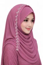 One Side Stone Work Hijab for Women | Beaded Decorative Arabic Hijab | Shiny Soft & Lightweight Head Scarf | Easy to Wear Fashion Party & Special Occasions - Image 3