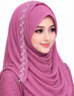 One Side Stone Work Hijab for Women | Beaded Decorative Arabic Hijab | Shiny Soft & Lightweight Head Scarf | Easy to Wear Fashion Party & Special Occasions - Image 4