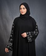 Women Black Firdous Abaya with Silver Stone Sleeve Work | Long Sleeve Modest Wear Burqa | Flowy Full Length Islamic Dress for Gatherings Events and Occasions | Without Dupatta - Image 3