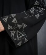 Women Black Firdous Abaya with Silver Stone Sleeve Work | Long Sleeve Modest Wear Burqa | Flowy Full Length Islamic Dress for Gatherings Events and Occasions | Without Dupatta - Image 4