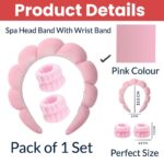 TEMPERIA Makeup Headband Wristband Set for Women & Girls | Hair Band for Facial Time | Head Bands Skincare Hairband for Spa | 3 Pieces Set | Pink - Image 3