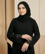 Women’s Black Firdous Abaya with Designer Lace Sleeves | Long Sleeve Modest Wear Kaftan Style Burqa Dress | Full Length Flowy Islamic Outfit for Occasions | Without Dupatta - Image 3