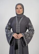 Women Grey Firdous Fabric Embellished Abaya with Stone Work Design | Long Sleeve Modest Islamic Wear | Full Length Flowy Kaftan Style Outfit for Occasions | Without Dupatta - Image 3