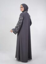 Women Grey Firdous Fabric Embellished Abaya with Stone Work Design | Long Sleeve Modest Islamic Wear | Full Length Flowy Kaftan Style Outfit for Occasions | Without Dupatta - Image 4
