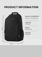 Wildcraft Dark Edition 45 L Premium Laptop Backpack for Men & Women | Fits 15.6 inch Laptop | Padded Shoulder Straps, Multi Compartments, Anti-Theft Zippers | Business Travel Bag | Dark Black - Image 8