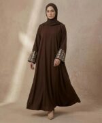 Women Firdous Fabric Embroidered Abaya Burqa with Designer Floral Sleeve Work | Long Sleeve Modest Wear Islamic Dress | Classic Fit Full Length Flowy Outfit for Occasions | Without Dupatta - Image 4