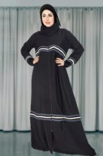 Abaya Colour Patti Pattern For Women Elegant Modest Wear Burqa Islamic Naqab dubai Abaya Fashion (Grey & White Patti, Free) - Image 4